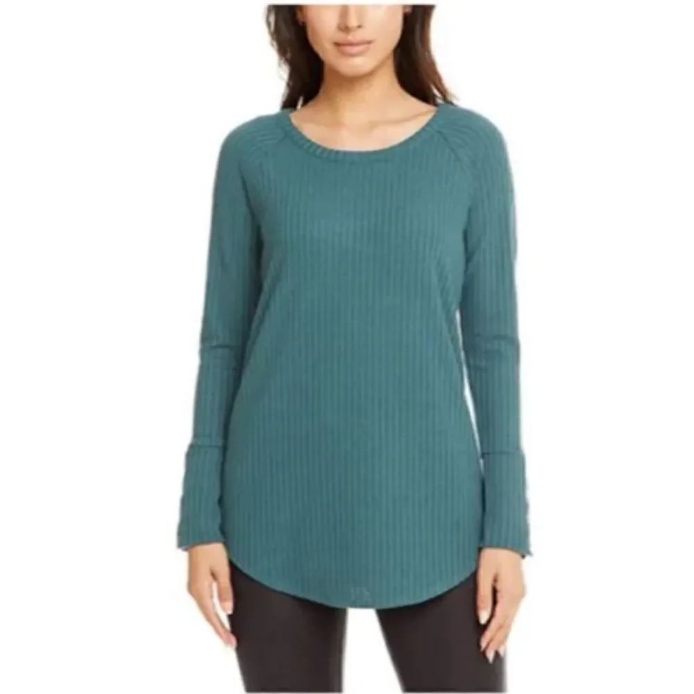 Chaser Top Large Womens Blue Green Waffle Knit Thermal Long Sleeves Button Cuffs